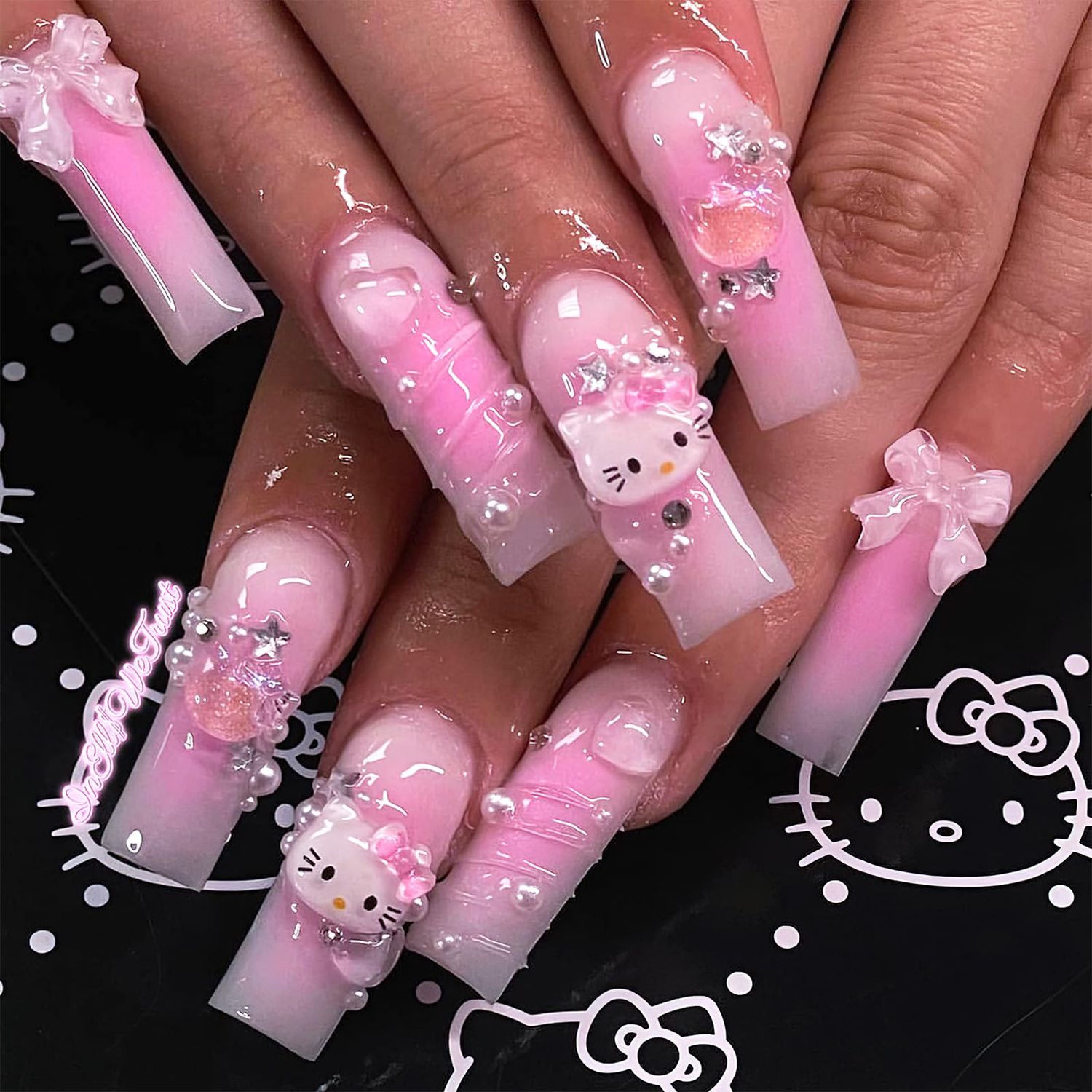PDFADSK Pink Press on Nails Long Square Coffin Fake Nails Cartoon False Nails with 3D Pearl Nail Charms Design Acrylic Nails Full Cover Pink Artificial Nails for Women 24Pcs