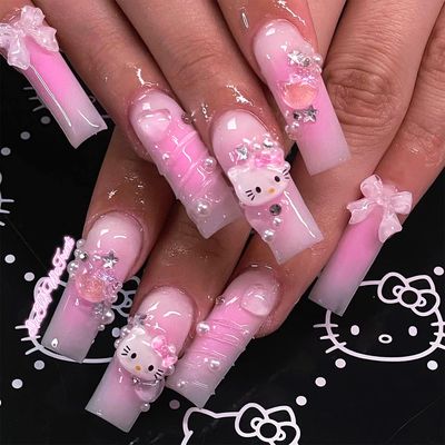 PDFADSK Pink Press on Nails Long Square Coffin Fake Nails Cartoon False Nails with 3D Pearl Nail Charms Design Acrylic Nails Full Cover Pink Artificial Nails for Women 24Pcs
