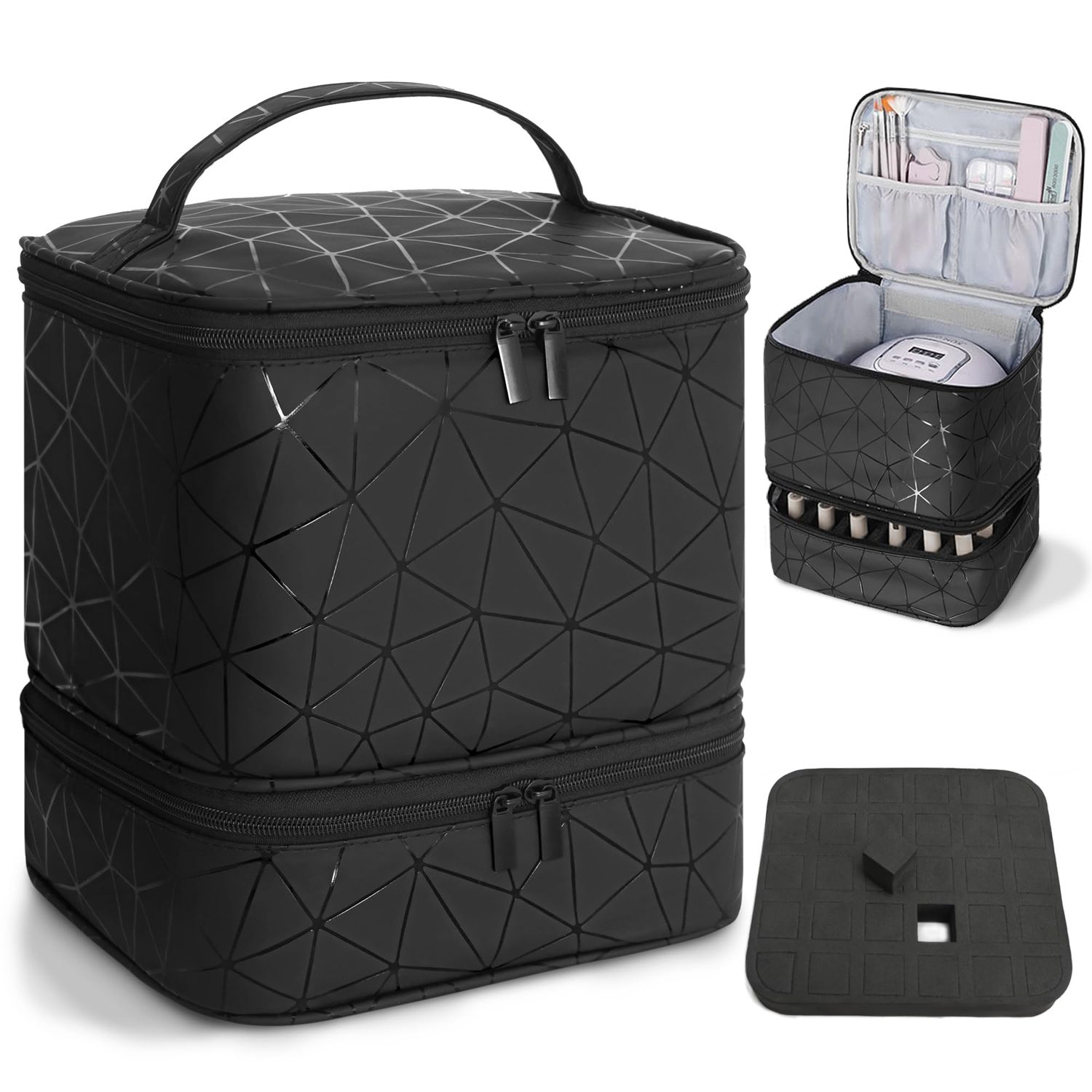Amazing Fair Nail Polish Organizer Bag, PU Leather Organizer for 30 Bottles (15ml/0.5fl.oz) and Nail Lamp, Double-Layer Nail Stuff Carrying Bag (Black, 30-Bottles)