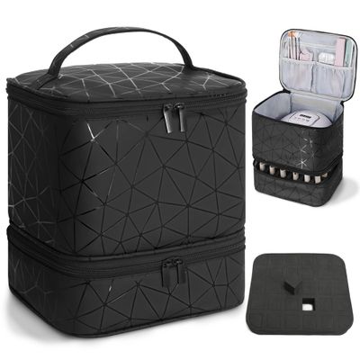 Amazing Fair Nail Polish Organizer Bag, PU Leather Organizer for 30 Bottles (15ml/0.5fl.oz) and Nail Lamp, Double-Layer Nail Stuff Carrying Bag (Black, 30-Bottles)