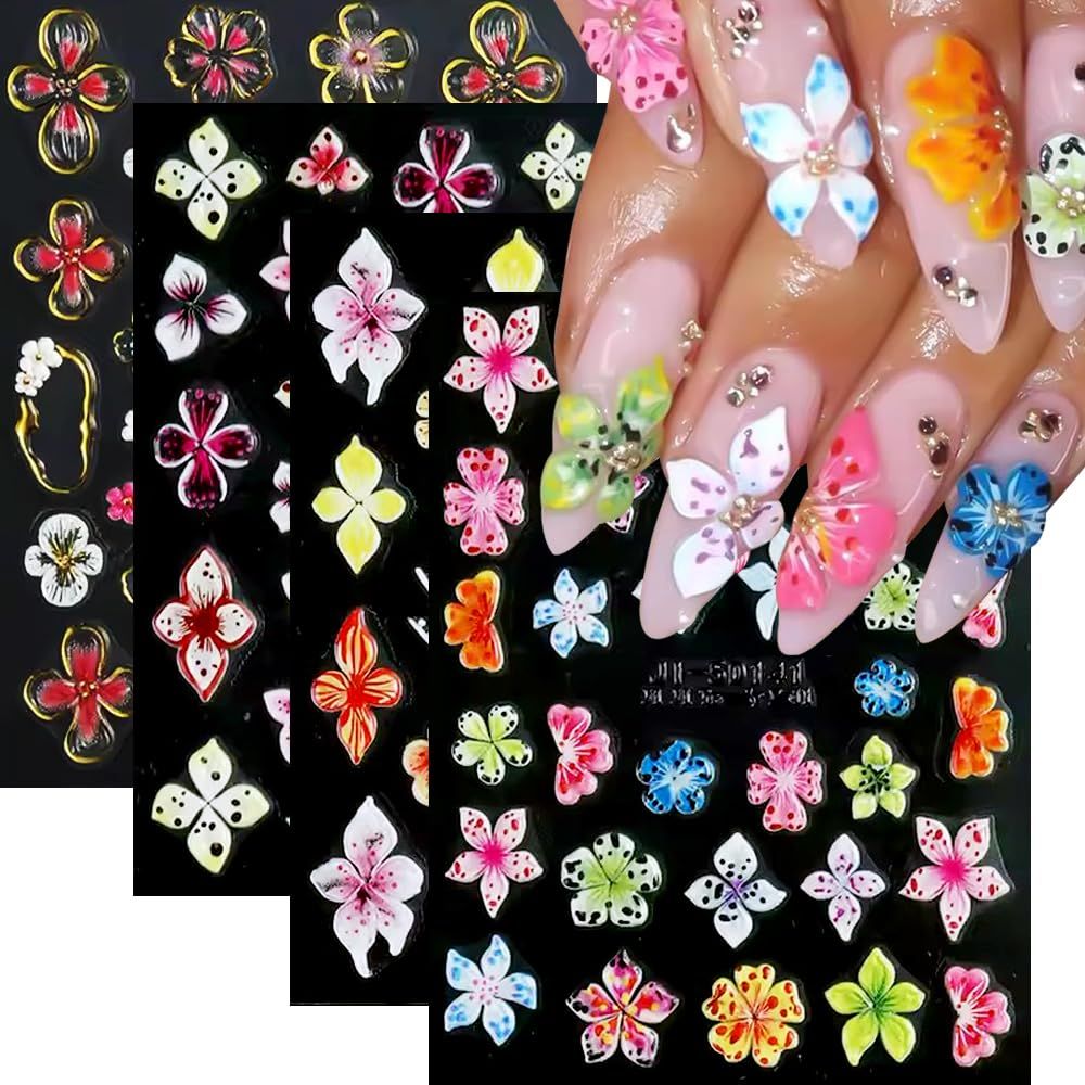 Flower Nail Stickers for Nail Art, 5D Embossed Hibiscus Nail Decals Pink White Lily Hibiscus Tropical Floral Summer Spring Flower Nail Art Supplies for Women Girls (4Sheets)