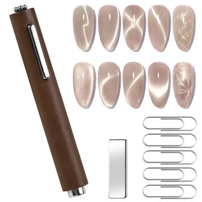 3 In 1 Cat Eye Nail Magnet Multifunctional Cat Eye Gel Polish Nail Tool with Extra 1pcs Square Magnet 5pcs Paper Clips Wooden Handle Cylindrical Powerful Suction for Home Diy Salon