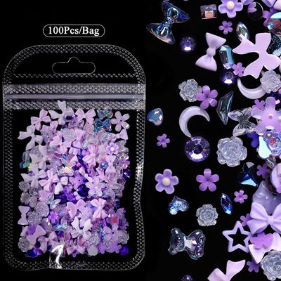100 Pcs Purple Resin Kawaii Mixed Shape Nail Charms,Cute Bow Flower Bear Heart Nail Design Charms for Nails 3D Bowknot Camellia Moon Nail Charm for Women Nail Art Supplies Nail Accessories Nail Art