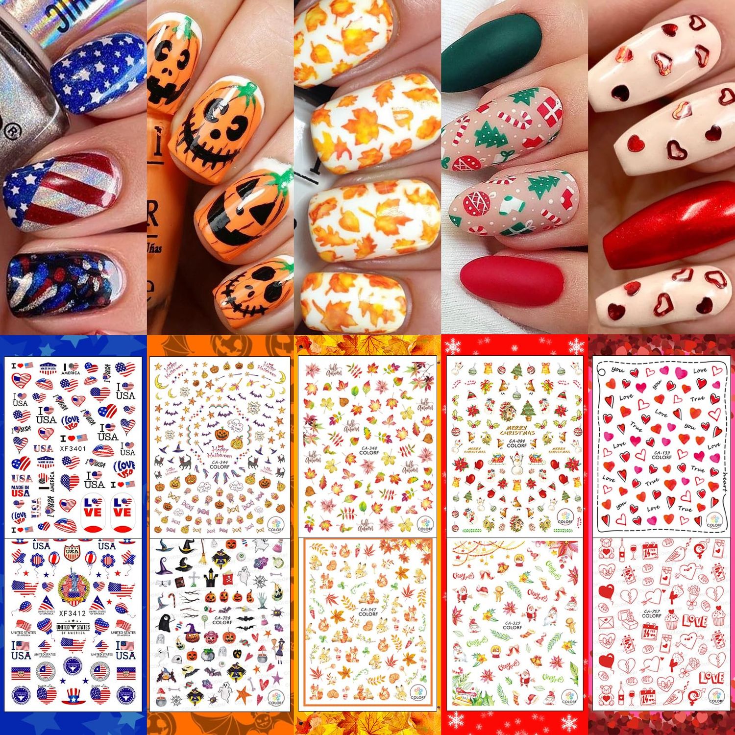 30 Sheets All Holiday Nail Stickers, Thanksgiving Independence Christmas Valentines HalloweenDay Nail Art Decals Mixed All Season Set, Self-Adhesive Design Year-Round Manicure Decorations Supplies