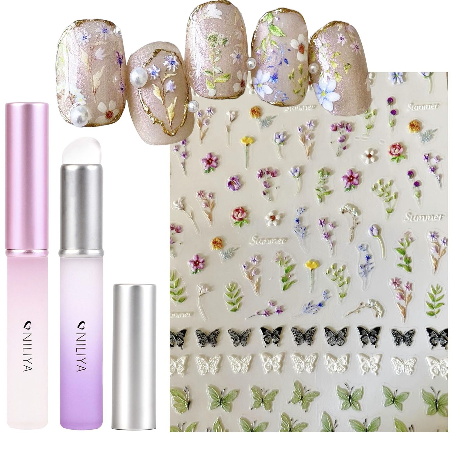 NILIYA 2PCS Silicone Ombre Chrome Applicator Brushes for Powder, Flower Nail Art Stickers Decals, Floral Plant and Butterfly Decals Design of 5D Embossed Self-Adhesive Nail Art Supplies for Women