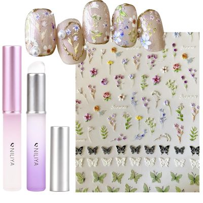 NILIYA 2PCS Silicone Ombre Chrome Applicator Brushes for Powder, Flower Nail Art Stickers Decals, Floral Plant and Butterfly Decals Design of 5D Embossed Self-Adhesive Nail Art Supplies for Women