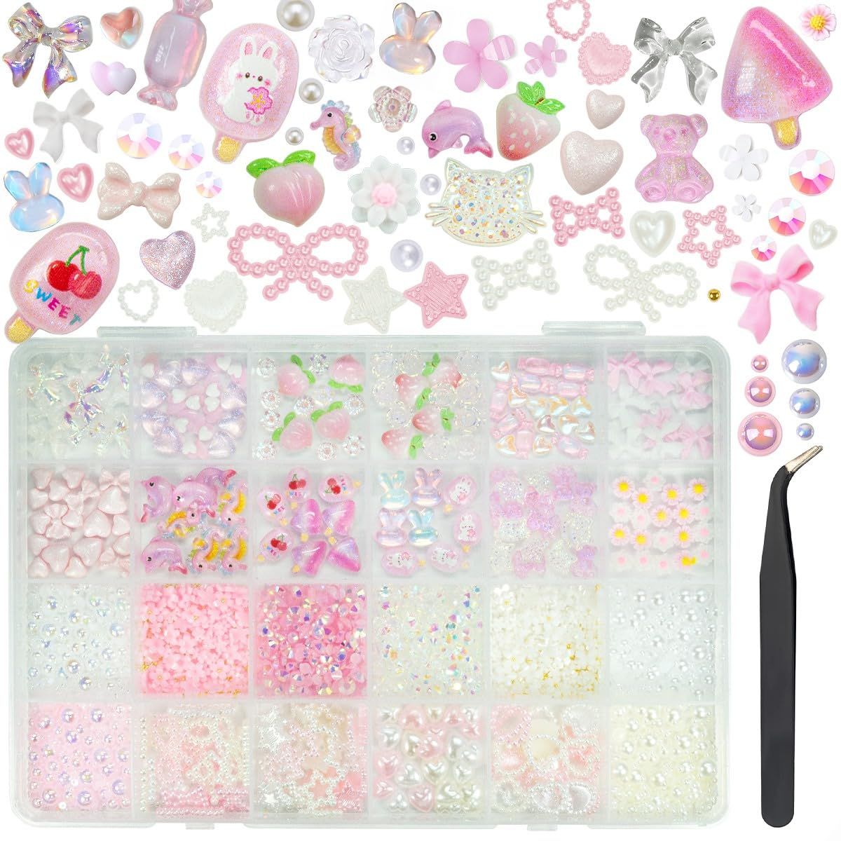 Qiipii Dream Set Large Box Pearls Nail Charms - Cute Bows, 3D Animals, Flower, Fruit, Candy, Heart, Star, Y2K - Multi-Style Pink Resin for Acrylic Nails, Crafts, Art Supplies, Gift