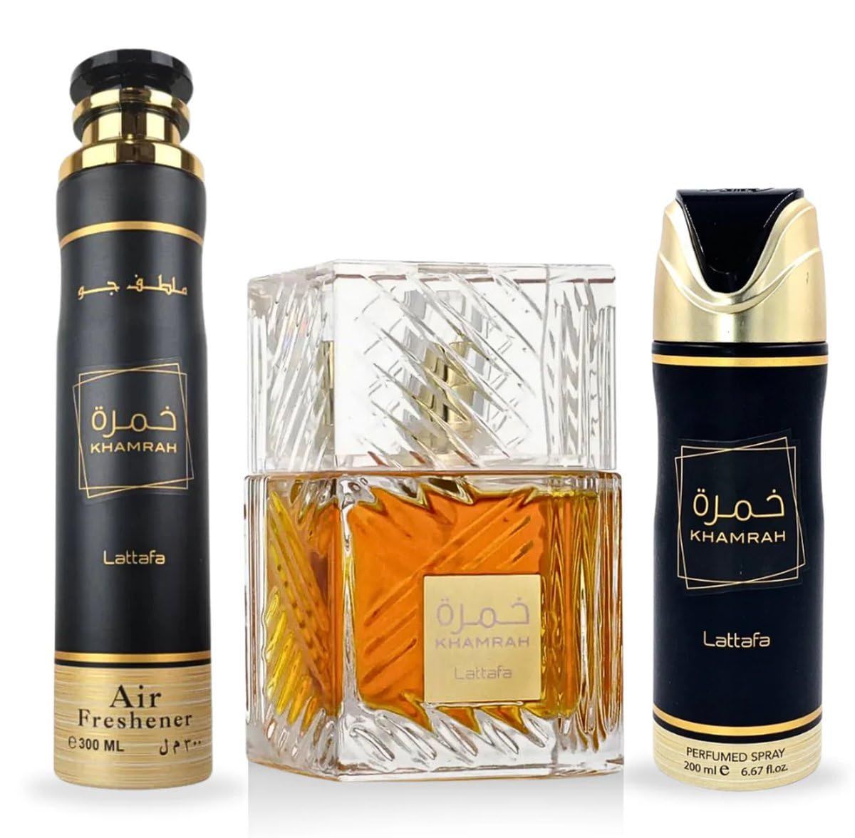 Lattafa Khamrah For Unisex 3 Piece Gift Set (3.4 Fl Oz EDP 6.67 Fl Oz Deo 10.14 Fl Oz Air Freshener)