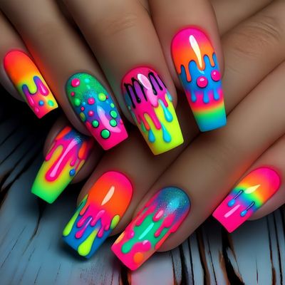 Colorful Press on Nails Medium Length Fake Nails Full Cover Square False Nails with Fluorescent Color Design Cute Rainbow Painting Glue on Nails Bright Colors Stick on Nails for Women DIY Nail Art