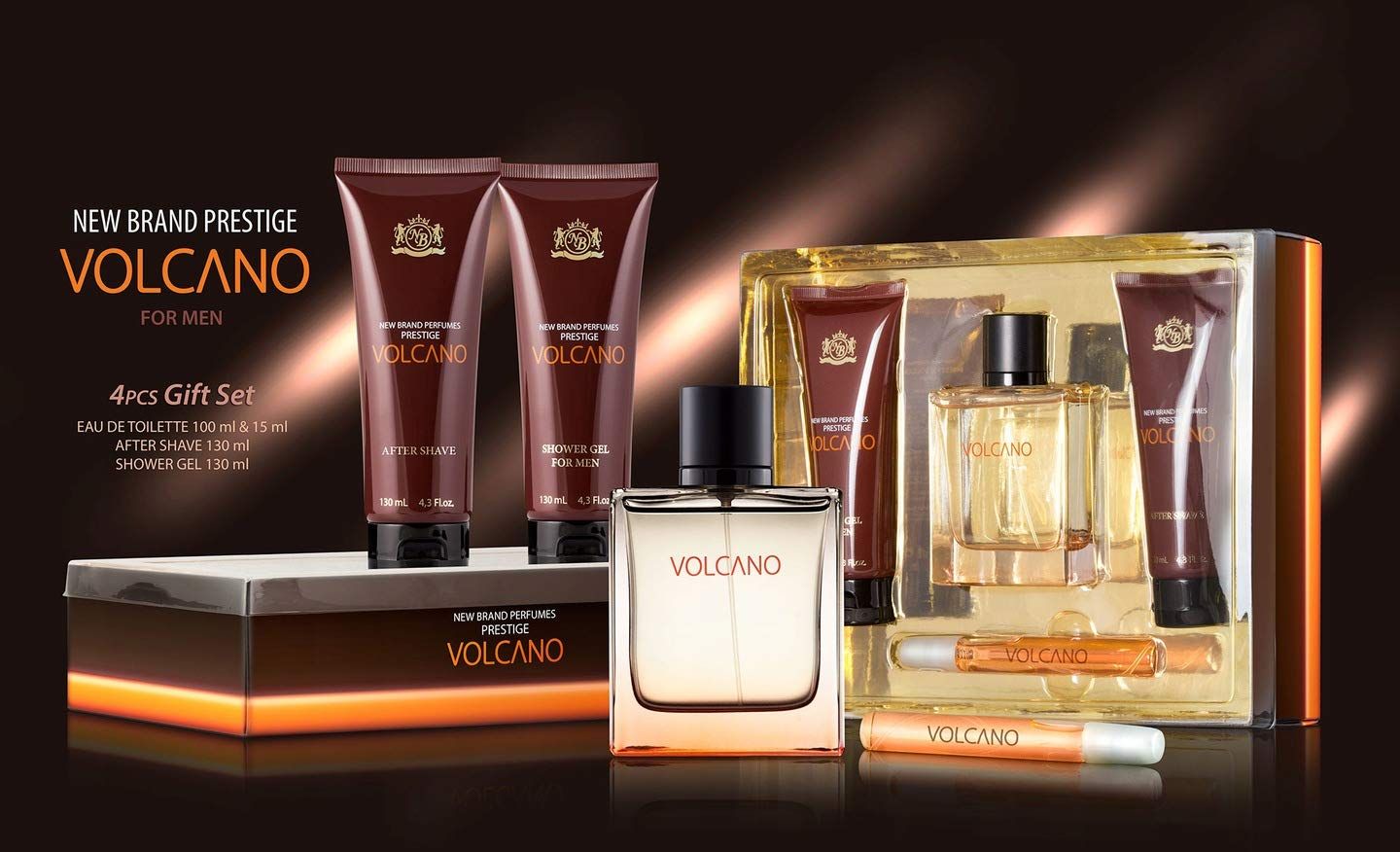 Prestige Volcano by New Brand for Men - 4 Pc Gift Set 3.3oz EDT Spray, 4.3oz Shower Gel, 4.3oz After Shave, 0.5oz EDT Spray