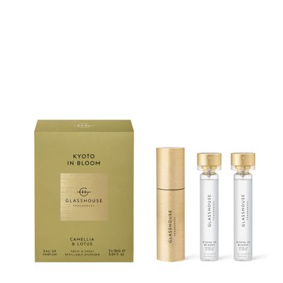 Glasshouse Fragrances Kyoto In Bloom Eau De Parfum Gift Set, 3 Perfumes Refillable Twist &amp; Spray Atomizer, Camellia &amp; Lotus Scent, Travel Size, 3 x 0.64 Fl Oz