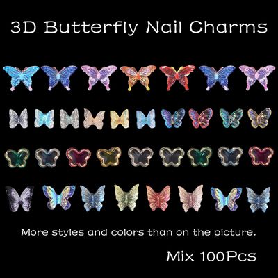 100Pcs Assorted 3D Butterfly Nail Charms, Mix Color Cute Butterflies Charms for Acrylic Nails Art DIY Accessories