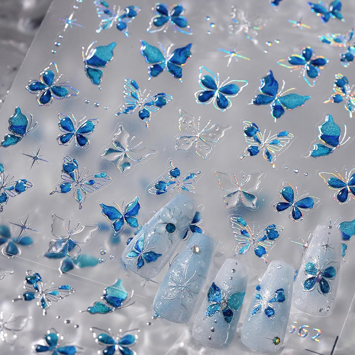 5D Embossed Butterfly Nail Art Stickers Spring Summer Nail Decals Self Adhesive Silver Blue Laser Butterflies Nail Stickers Glitter Star Nail Design Stickers for Women Spring Summer Nail Art Supplies