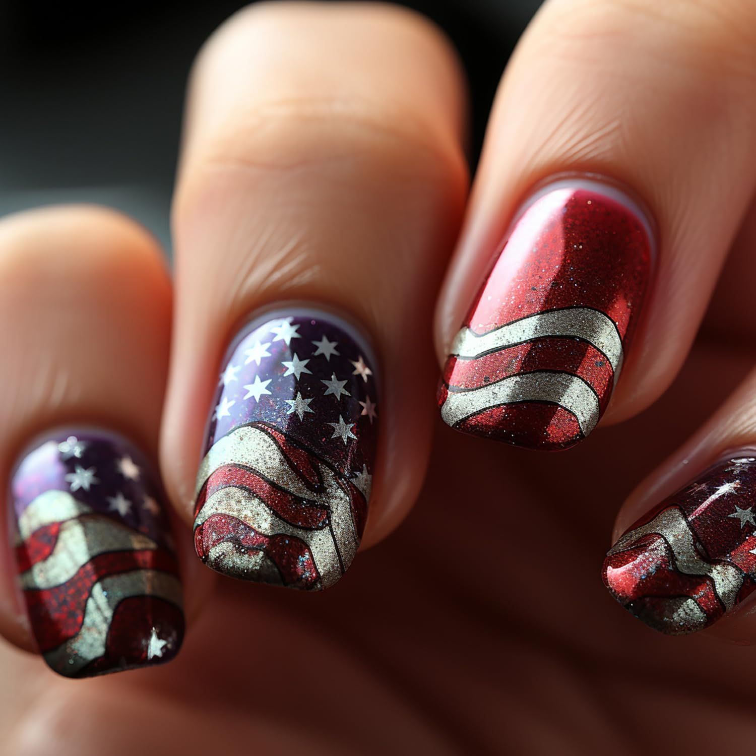 24 Pcs Independence Day Nails Short Press on Nails Square Navy Blue Fake Nails RIICFDD USA Flag Star Designs Glitter False Nail Full Cover Stick on Nails for Women Girls 4th of July Nails