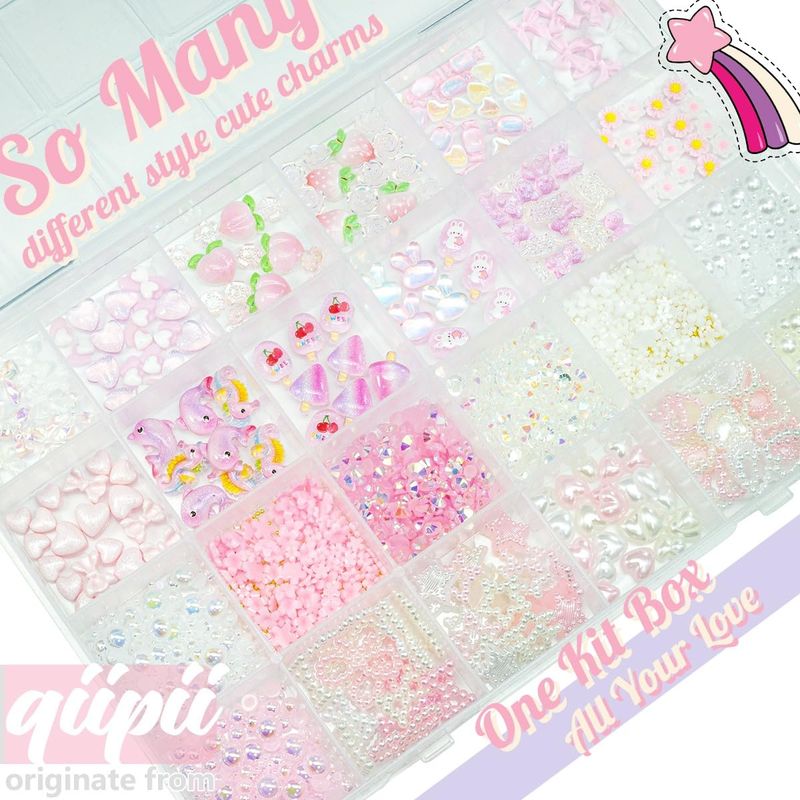 Qiipii Dream Set Large Box Pearls Nail Charms - Cute Bows, 3D Animals, Flower, Fruit, Candy, Heart, Star, Y2K - Multi-Style Pink Resin for Acrylic Nails, Crafts, Art Supplies, Gift