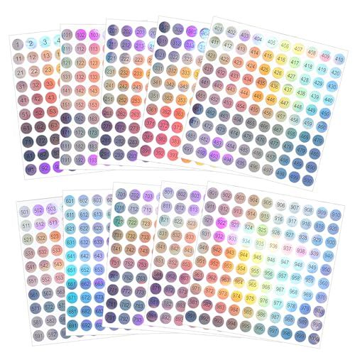 10Sets Number Stickers 1-1000 Label Laser Stickers, Small Round Self-Adhesive Label for Home, Office, Kitchen, and Classroom, Organizing Nail Polish Bottle/Nail Art Sticks/Lipstick (Dia.10mm)