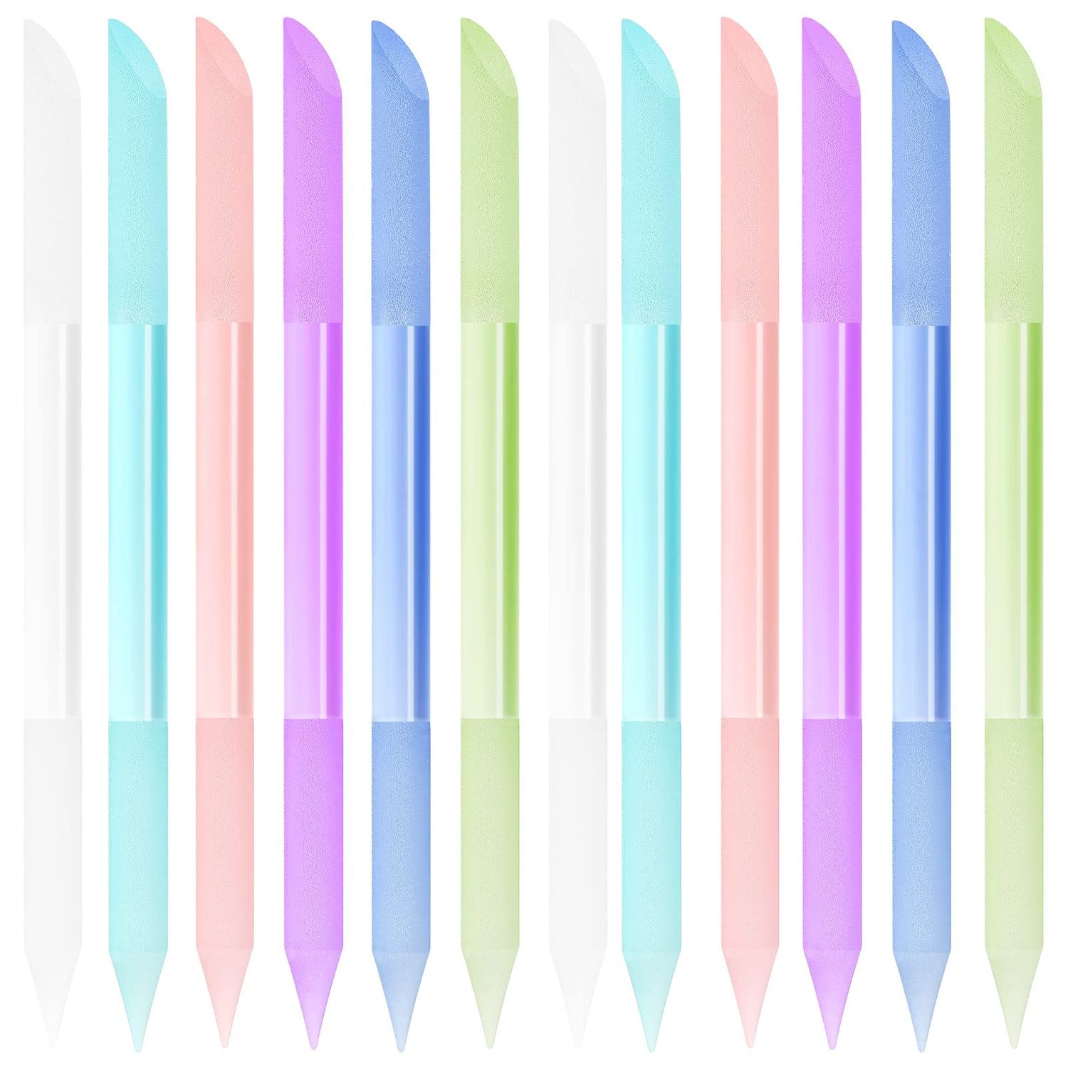 12 Pieces Glass Cuticle Pusher Crystal Double Sided Cuticle Trimmer Manicure File Glass Cuticle Stick Precision Filling Remover Tool Buffer for Women Salon Home Use, 6 Colors