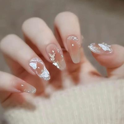 Hkanlre Blush Press on Nails Cute Coffin Medium Fake Nails Tips Full Cover Bling Cat Eyes False Nails for Women and Girls 24PCS