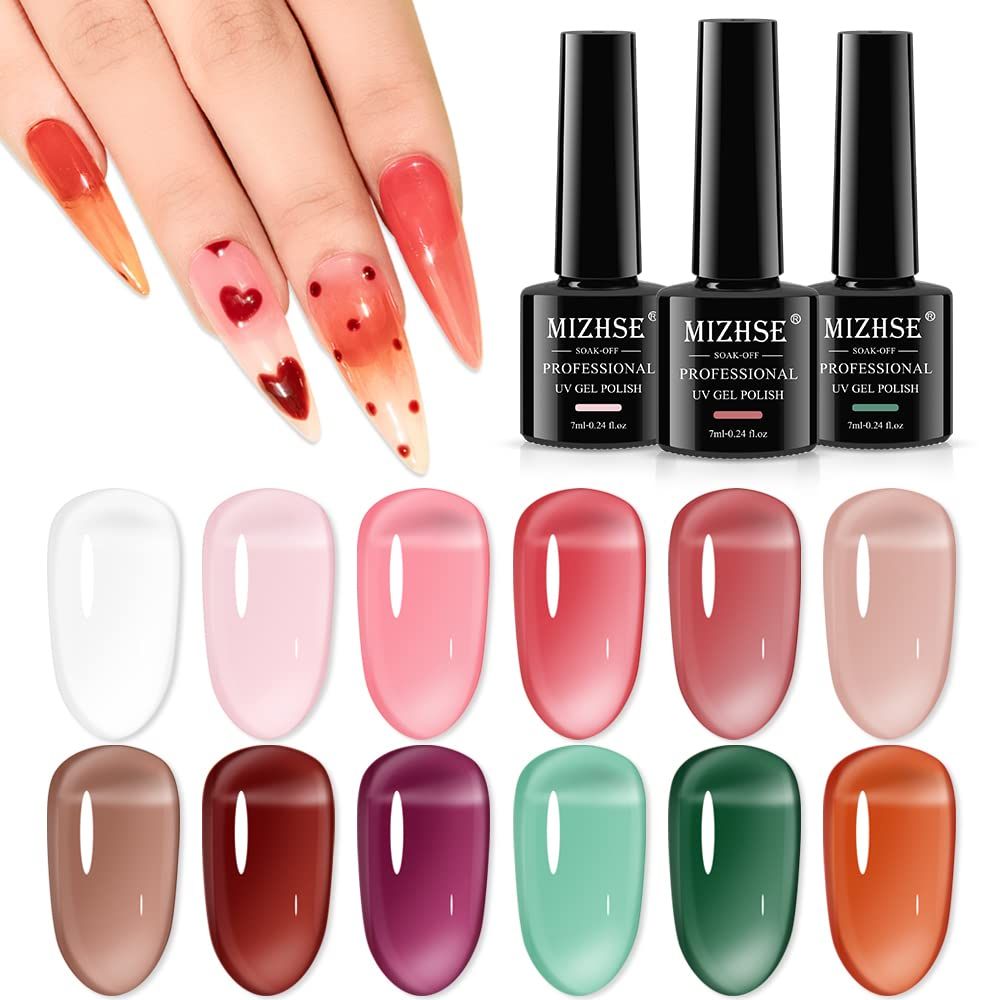 MIZHSE Jelly Gel Nail Polish Set 12 Color, Clear Translucent Spring Gel Polish 7ml, Sheer Manicure Kit UV LED Soak Off Varnish for Home Salon Gift