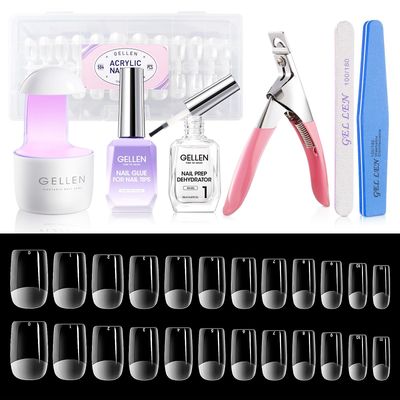 Gellen Gel Nail Kit, 504Pcs Pre-Shaped Short Square Nail Tips, 7 in 1 Gel Nail Glue, Nail Dehydrator, UV/Led Nail Light, Nail Clipper &amp; Files, Gel Tips Nail Extension Set, Home Salon DIY Manicure Set