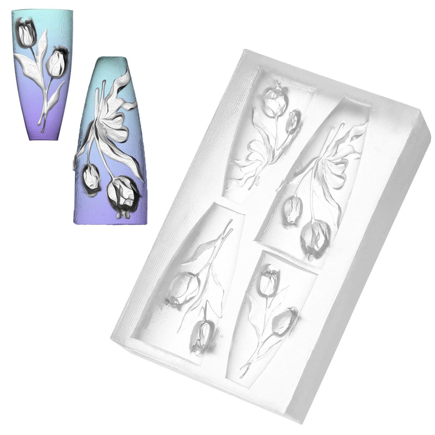 3D Tulip Flower Nail Design Nail Art Molds, Silicone Nail Art Molds Tulip Carving Template Nail Art Mold DIY Nail Art Decorative Floral Silicone Molds Resin Carving Mold for Nail Art Decorations