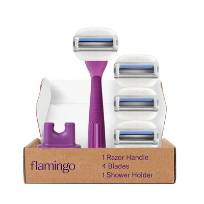 Flamingo Moisture Plus Womens Razor Set - Razor Handle, 4 Blade Refills, Shower Holder - Fig