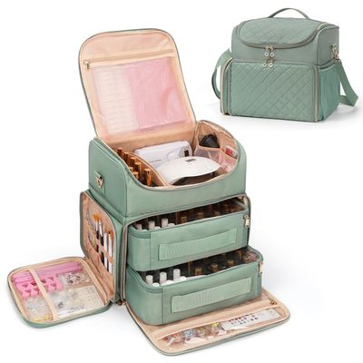 Extra Large Nail Polish Organizer Case Holds 86 to 100 Bottles Nail Polish &amp; Nail Lamp, Nail Supplies Storage Carrying Bag with 2 Removable Pouches, Portable Nail Tech Travel Box (Green, 86 Slots)