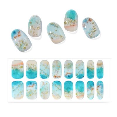 SILPECWEE Semi Cured Gel Nail Strips (Gold Coast - 16 PCS), Gel Nail Stickers Full Nail Wraps Need UV Light, Salon Quality &amp; Easy to Use - with 2 Prep Pads, Nail File, Wood Stick