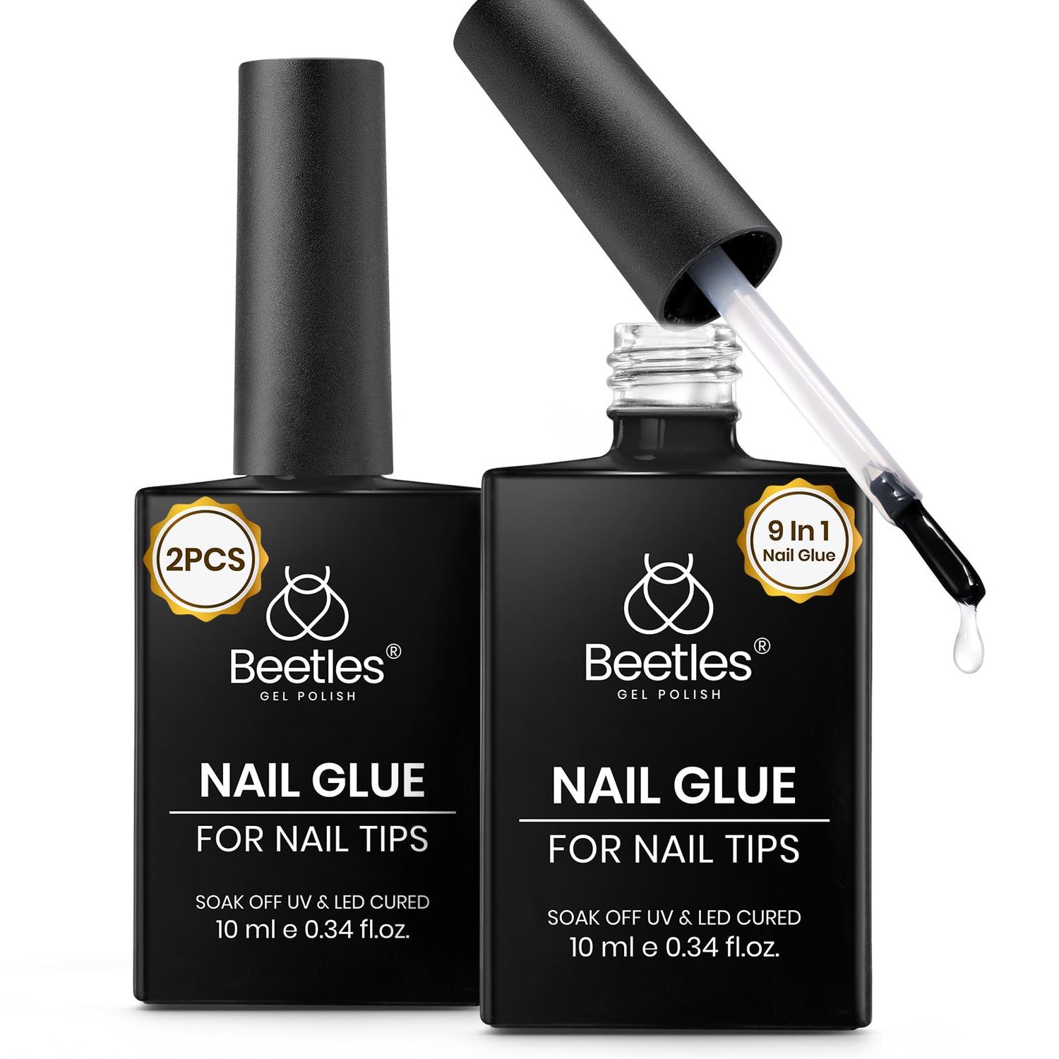 Beetles 9 in 1 Gel Nail Glue for Acrylic Nails Tips, 2 Pcs 10ml Super Strong Nail Glue for Clear False Nails Tips Base Coat Rhinestones Blooming Art Gel Long Lasting U V Light Cure