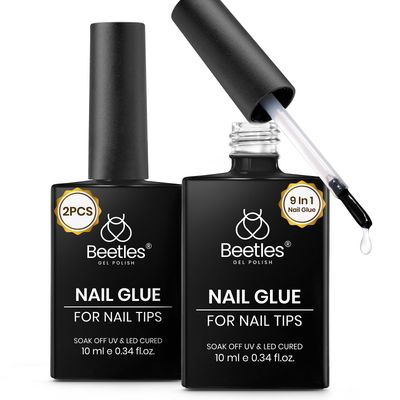 Beetles 9 in 1 Gel Nail Glue for Acrylic Nails Tips, 2 Pcs 10ml Super Strong Nail Glue for Clear False Nails Tips Base Coat Rhinestones Blooming Art Gel Long Lasting U V Light Cure