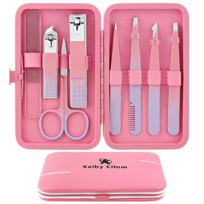 Tweezers Set for Facial Hair Removal Women, 8Pcs Precision Eyebrow Tweezers Nail Clipper Set Eyebrow Plucker Men for Ingrown Hair Removal (Pink)