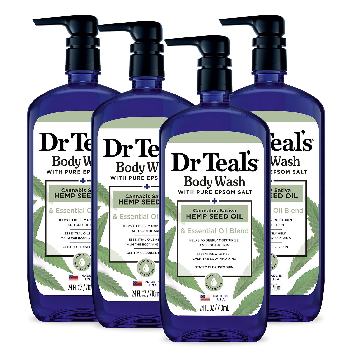 Dr Teals Body Wash with Pure Epsom Salt, Cannabis Sativa Hemp Seed Oil, 24 fl oz (Pack of 4)