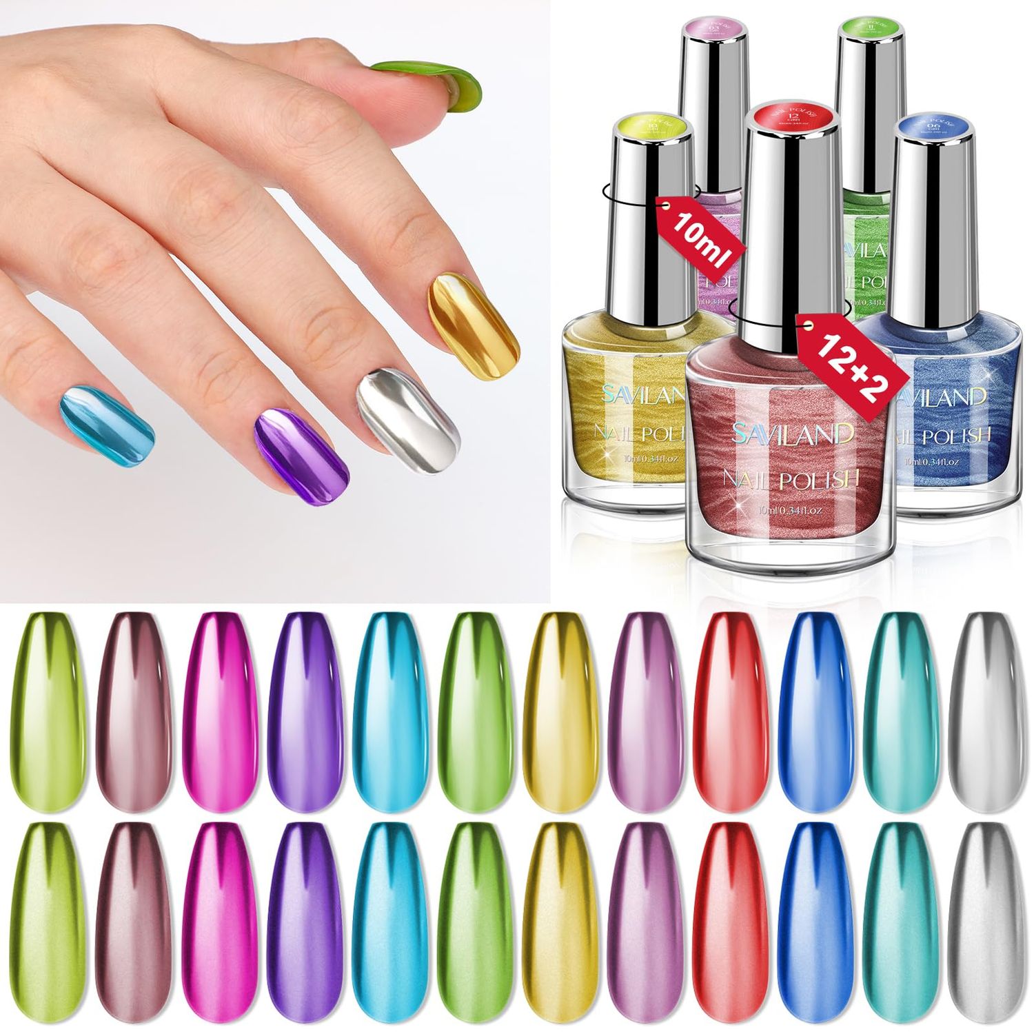 SAVILAND Chrome Nail Polish Set: 12 Colors Mirror Metallic Glitter Nail Polish 0.34 oz Holographic Red Silver Pink Nail Polish Quick-Dry Base Top Polish Coat for Fingernail Toenail French Manicure Art