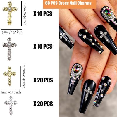 KACHIMOO 60 PCS Cross Nail Charms Cross Charms for Nail Gold Nail Charms Silver Charms Nail Pearl Gems Diamond Nail Decor Vintage Punk Metal Alloy Gold Silver Nail Rhinestones