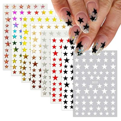 8 Sheets Star Nail Stickers for Nail Art 8 Color Star Nail Decals Gold Silver Aurora Stars Nail Art Sticker 3D Self-Adhesive Stars Stickers for Nail Designs Manicure Decorations for Women Girls