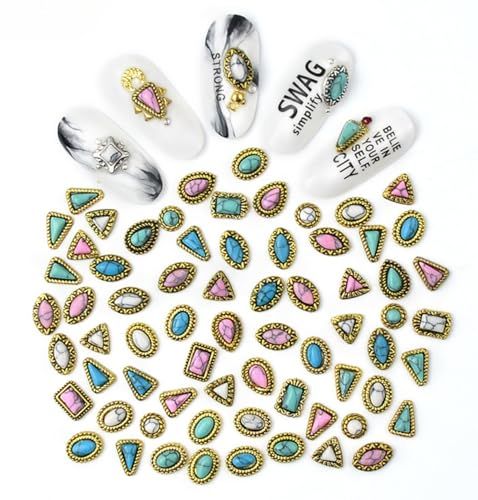 SIXAOAZZ 60 Piece Set of Turquoise Gemstone Pendants - 3D Nail Accessories with Hollowed Out Design, Vintage Pendants Suitable for DIY and Western Nail Art, Blue