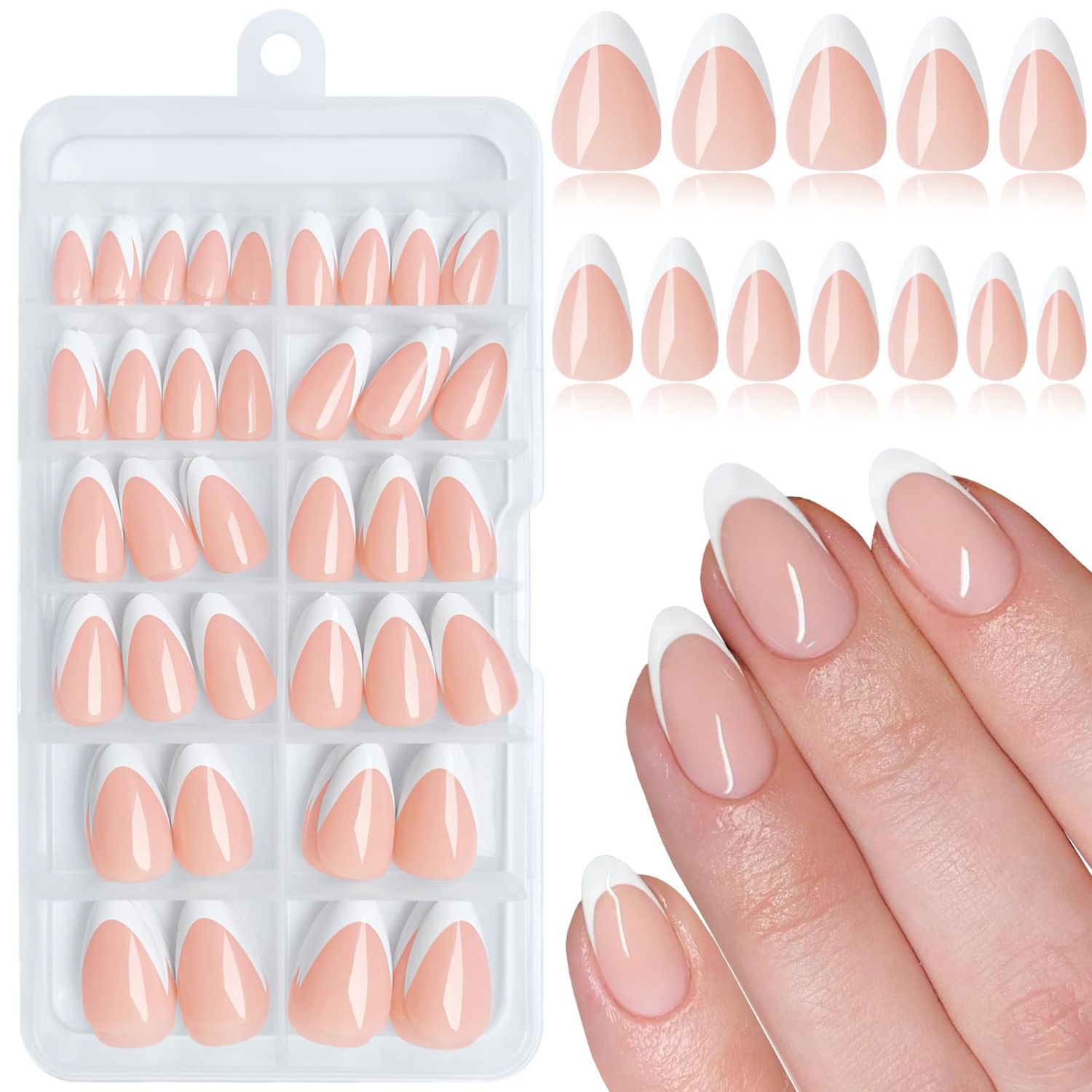 LuckForever Short Almond Press on Nails - 144pc White French Tips Glue on Nails with Glue &amp; Tabs