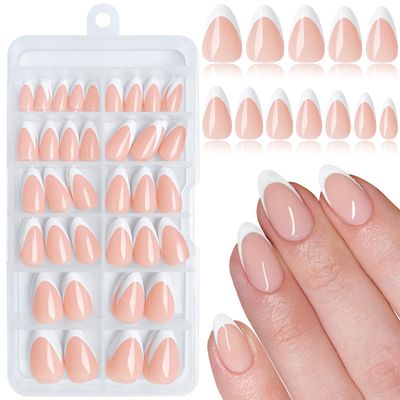 LuckForever Short Almond Press on Nails - 144pc White French Tips Glue on Nails with Glue &amp; Tabs