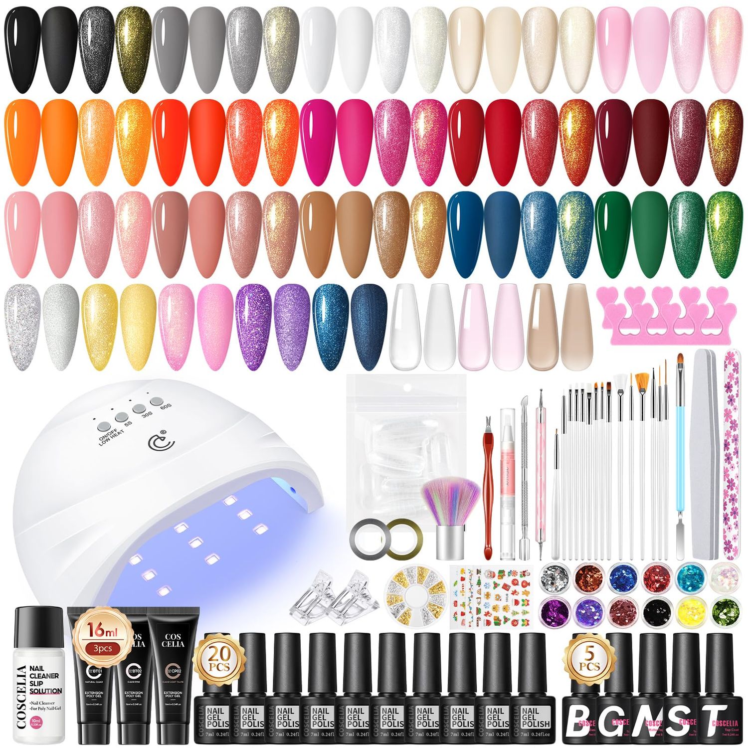 Coscelia 52PC Gel Nail Kit with U V Light, Sparkle Red Pink White Nude Glitter Nail Polish with Extensions Poly Nail Gel Set Brush Professional Manicure Accessory Sequins