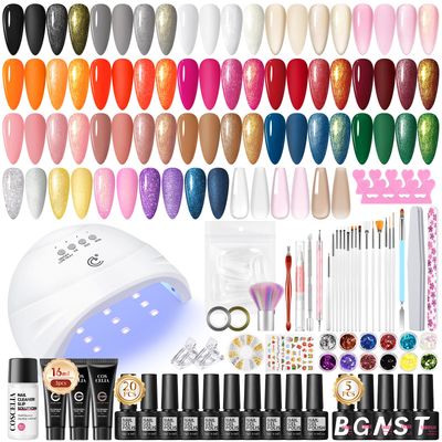 Coscelia 52PC Gel Nail Kit with U V Light, Sparkle Red Pink White Nude Glitter Nail Polish with Extensions Poly Nail Gel Set Brush Professional Manicure Accessory Sequins