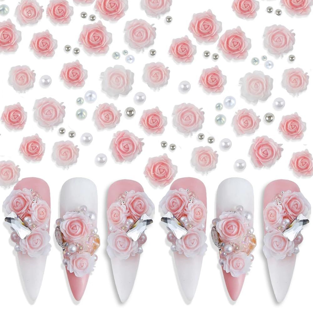 3D Pink Rose Flower Nail Charms Flower Nail Art Charms Nail Pearls Flower Charms for Nails Design Nail Flowers Rose Nail Charm Floral Nail Jewels for Nail Art Rhinestones for Nails Charms Nail Decor