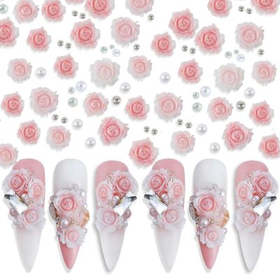 3D Pink Rose Flower Nail Charms Flower Nail Art Charms Nail Pearls Flower Charms for Nails Design Nail Flowers Rose Nail Charm Floral Nail Jewels for Nail Art Rhinestones for Nails Charms Nail Decor