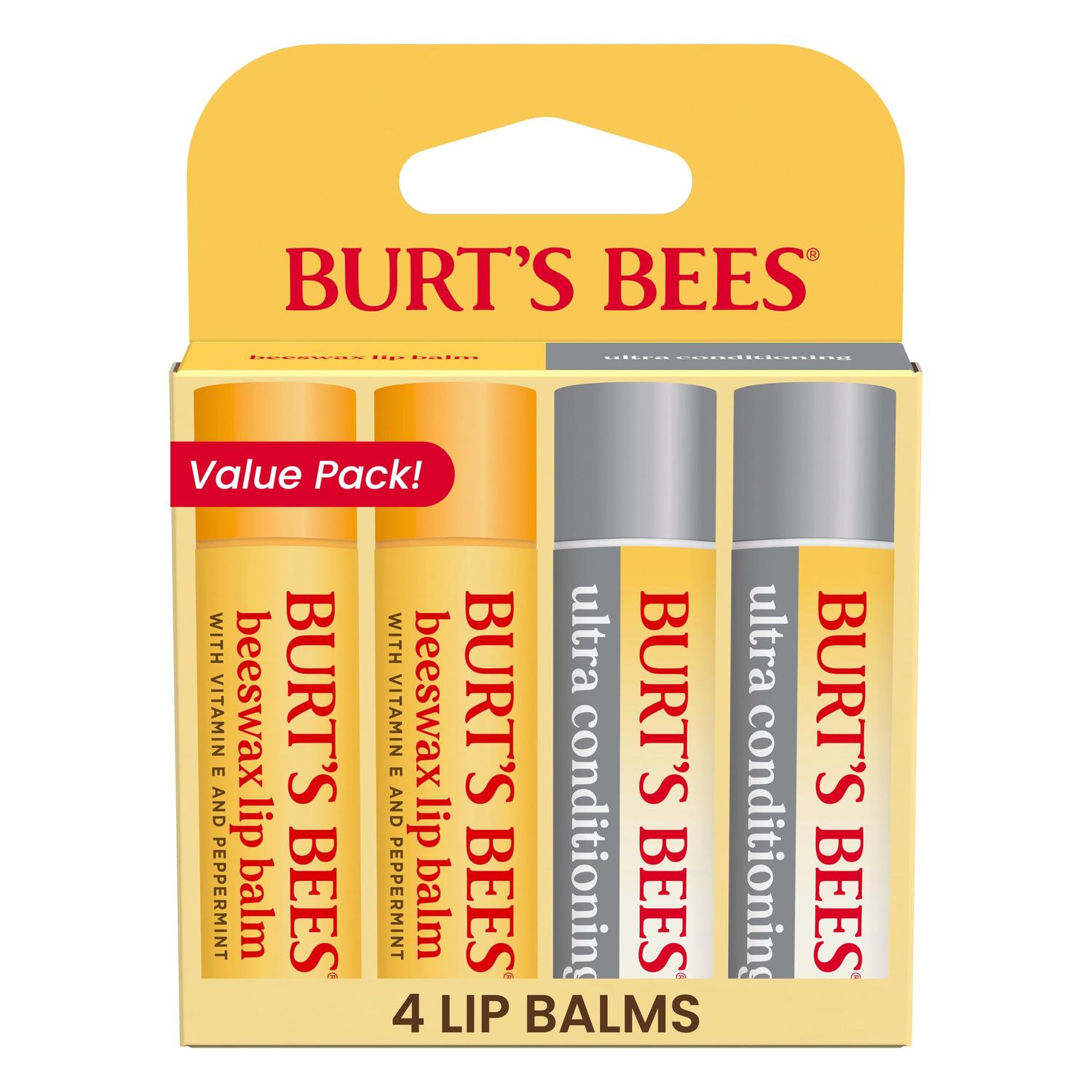 Burts Bees Lip Balm Beeswax and Ultra Conditioning Lip Balm Pack, Hydrating Lip Moisturizer with Kokum and Shea Butter, Natural Origin Lip Care, 4 Tubes, 0.15oz.