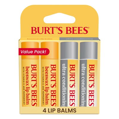 Burts Bees Lip Balm Beeswax and Ultra Conditioning Lip Balm Pack, Hydrating Lip Moisturizer with Kokum and Shea Butter, Natural Origin Lip Care, 4 Tubes, 0.15oz.