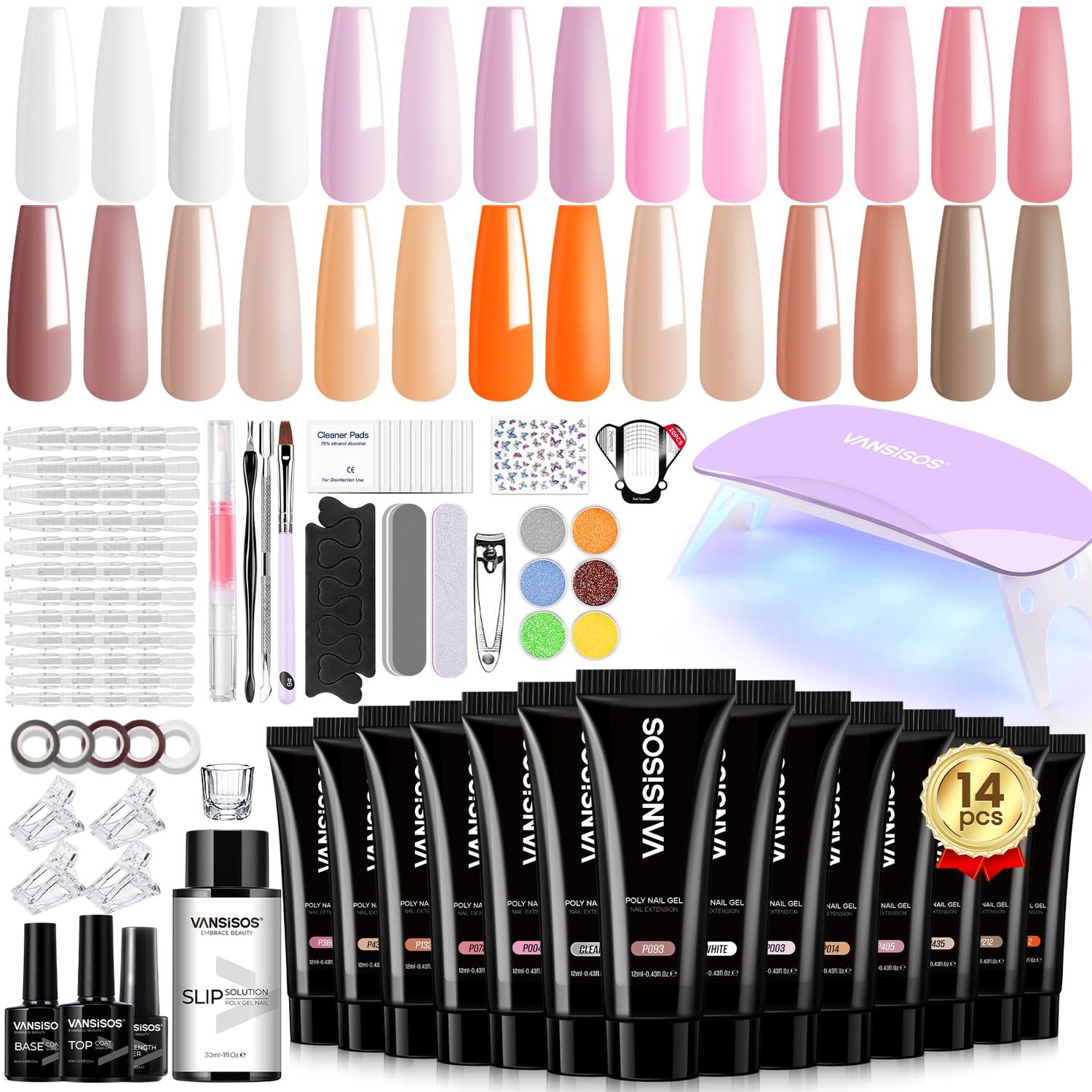 VANSISOS Poly Gel Nail Kit: PolyGel with Slip Solution Mini U V Nail Light Poly Nail Gel Kit for Beginners with Everything Extension 14 PCS