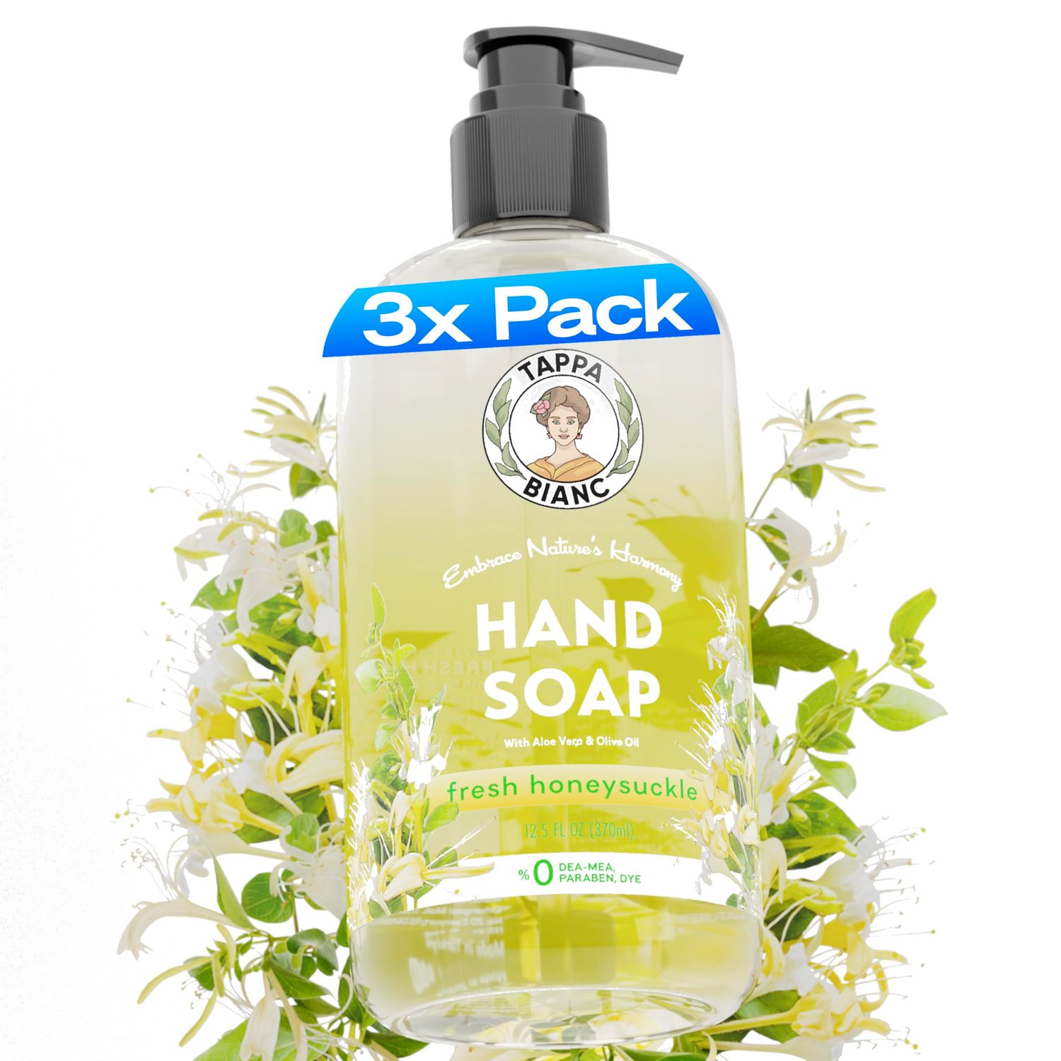 TAPPA BIANC Liquid Hand Soap for Bathroom and Kitchen, Fresh Honeysuckle Scented Handsoap, Natural Ingredients, Non-Toxic Hand Wash Soaps with Pump Bottles 12.5 fl oz (Pack of 3)