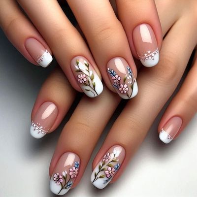 Round Short Press on Nails White French Tip Fake Nails with Natural Flower Designs Spring False Nails Reusable Glue on Nails Floral Stick on Nails Short Square Acrylic Nails Kit for Women Girls 24PCS