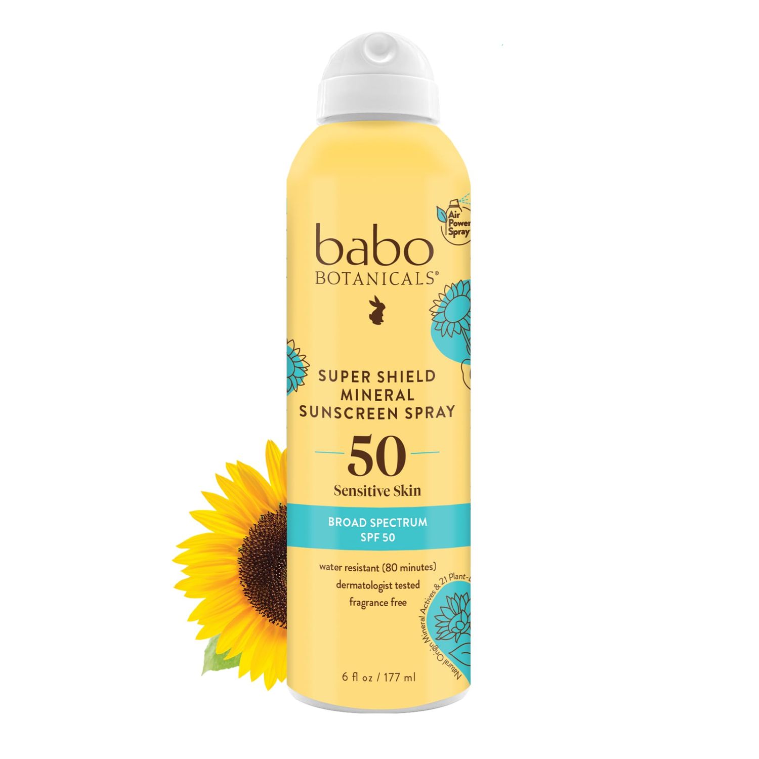 Babo Botanicals Super Shield Mineral Sunscreen Spray SPF 50 - Natural Zinc Oxide &amp; Titanium Dioxide - Extra Sensitive Skin - Water Resistant - Vegan - Fragrance-Free - Air-Powered Spray - For all ages