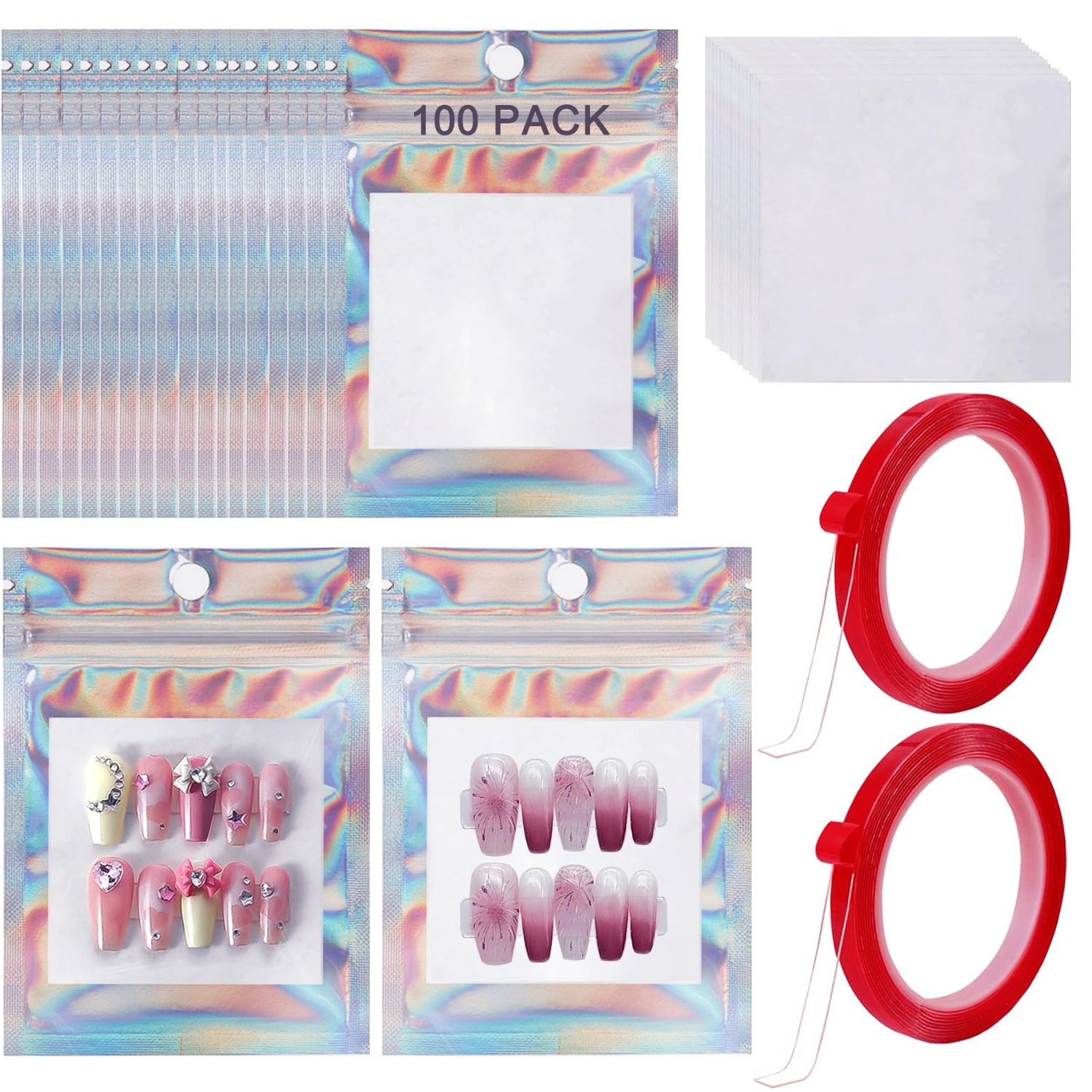 100 PCS Press on Nail Packaging Bag for False Nail Tips Holographic Press On Nail Storage Bag 100 PCS White Card with 2 Roll Transparent Tape for Nail Display Fake Nail Storage Organizer Nail Supplies