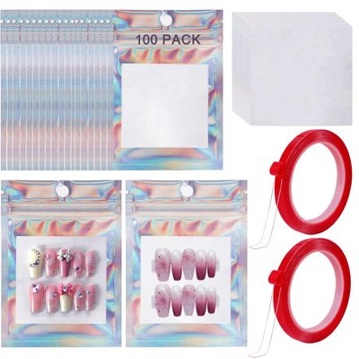 100 PCS Press on Nail Packaging Bag for False Nail Tips Holographic Press On Nail Storage Bag 100 PCS White Card with 2 Roll Transparent Tape for Nail Display Fake Nail Storage Organizer Nail Supplies